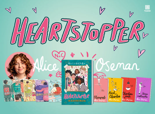 Kuvassa on Alice Osemanin valokuva, iso Heartstopper-logo ja hänen kirjansa esillä värikkäänä rivistönä. Keskellä näkyy Heartstopper – Käsikirja, ja sen molemmin puolin ovat Heartstopper-sarjakuvat ja Osemanin muut romaanit, kuten Yksinpeli, Nick ja Charl