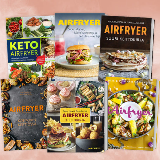 Vaaleanpunaisella taustalla valikoima airfryer-keittokirjoja, jotka sisältävät parhaat airfryer-reseptit