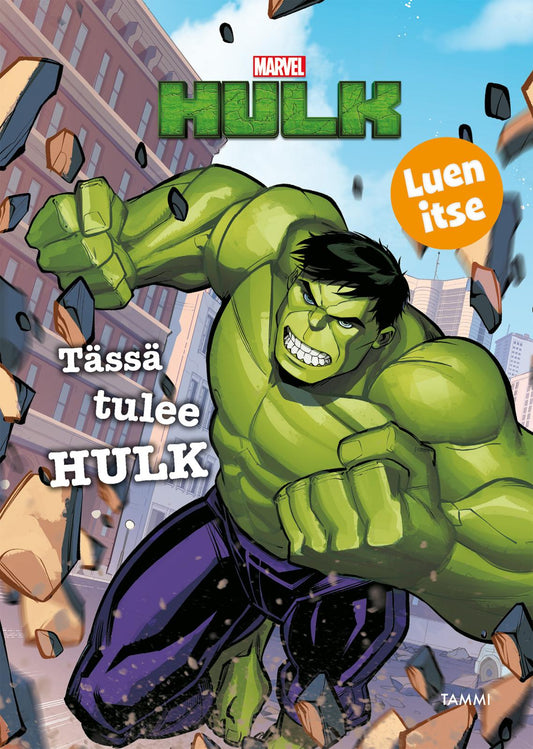 Etukansi. Marvel. Marvel. Tässä tulee Hulk. Luen itse..
