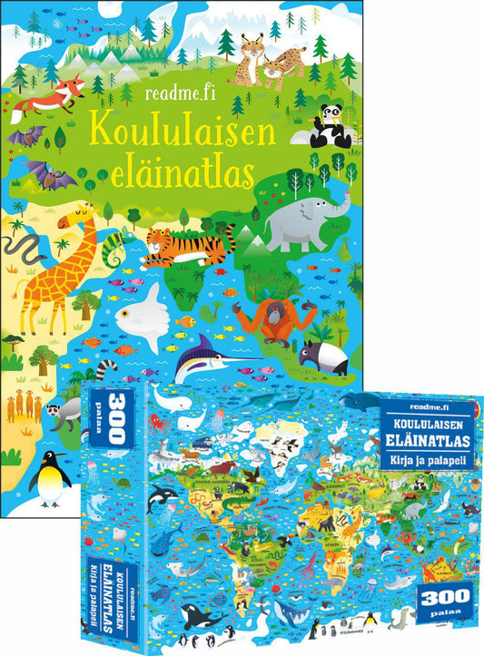 Etukansi. Usborne Publishing House. Koululaisen eläinatlas - Kirja ja palapeli.