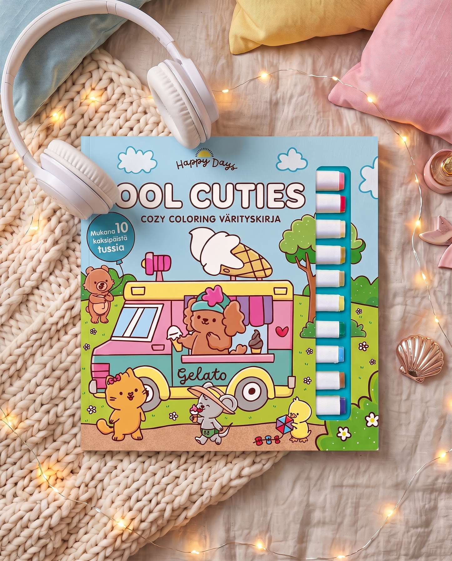 Kuvassa on Cool Cuties Cozy Coloring -värityskirja sängyllä. Kirjan mukana on tusseja, ja sen ympärillä on kuulokkeet, valonauha ja tyynyjä.