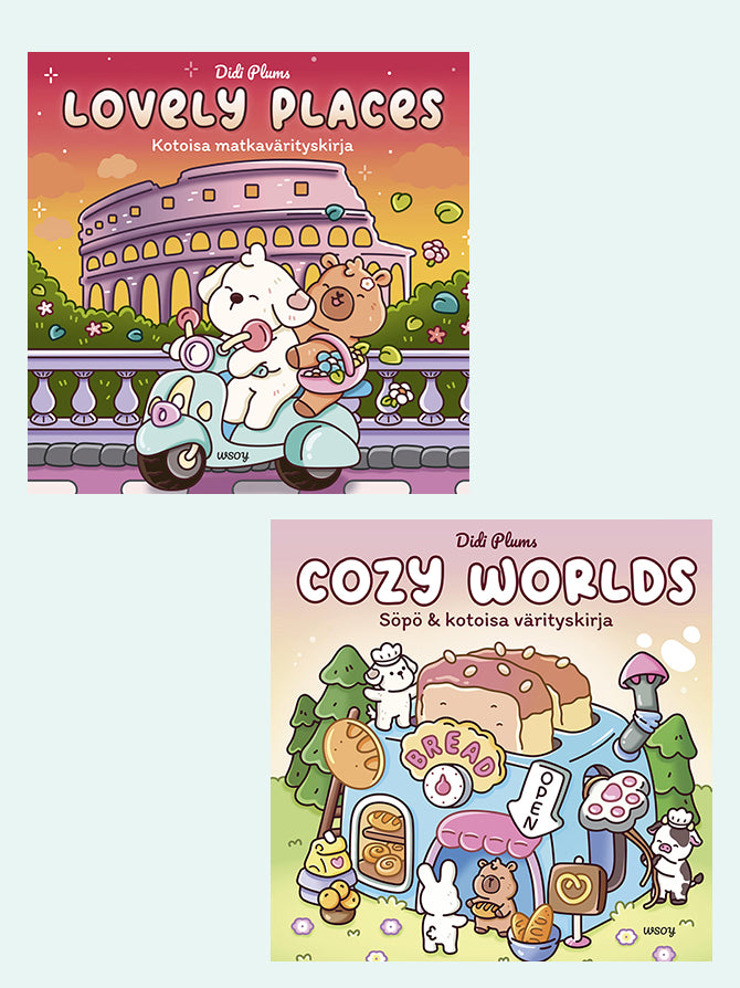 Cozy Worlds ja Lovely Places -värityskirjapaketti