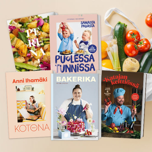 Kollaasi keväisistä keittokirjoista ja tuoreista vihanneksista: esillä muun muassa Peruna!, Puolessa tunnissa – samasta padasta, Kotona, Bakerika ja Katajan keittiössä, taustalla kangaskassissa parsaa, tomaatteja ja kesäkurpitsaa.