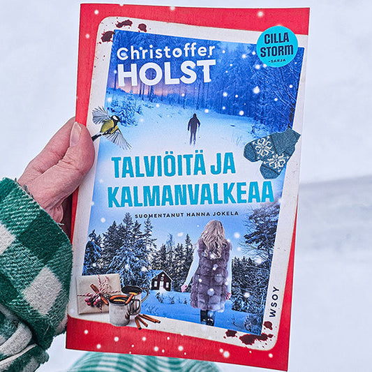 Henkilö pitelee kädessään Christoffer Holstin kirjaa 'Talviyöitä ja kalmanvalkeaa'. Taustalla luminen maisema, ja henkilöllä on vihreä-valkoruudullinen takki. Kirjan kansi kuvaa talvista maisemaa, mökkiä ja lumisessa metsässä kulkevaa hahmoa.