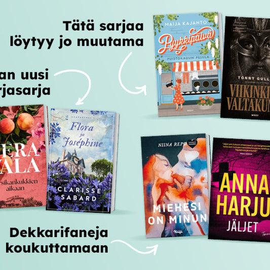 Kuvassa on kaunokirjasarjoihin kuuluvia kirjoja vaaleanvihreällä taustalla. Kirjat on jaettu teemoihin: “Tätä sarjaa löytyy jo muutama”, “Ihan uusi kirjasarja” ja “Dekkarifaneja koukuttamaan”.
