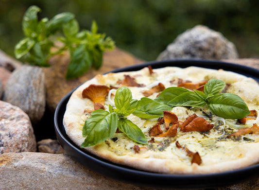 Lähikuvassa mustalla lautasella tarjoiltu ohutpohjainen pizza, jonka täytteenä on kantarelleja, sipulia, vihreää pestoa ja runsaasti tuoretta basilikaa. Taustalla luonnonkiviä ja vihreää kasvillisuutta, mikä luo rustiikkisen ja kesäisen tunnelman.
