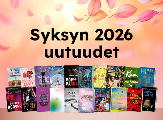 Kuvassa on valikoima kirjojen kansia aseteltuna riveihin lämpimän sävyistä taustaa vasten. Yläosassa leijailee vaaleanpunaisia lehtiä ja vasemmassa yläkulmassa on Kirja-logo. Kuvan keskellä lukee suurin kirjaimin “Syksyn 2026 uutuudet”. Kirjavalikoima sis