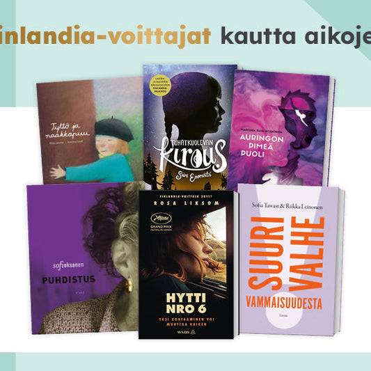 Kuvassa on useita Finlandia-palkittuja kirjoja, kuten Tyttö ja naakkapuu, Tuhatkuolevan kirous, Auringon pimeä puoli, Puhdistus, Hytti nro 6 ja Suuri valhe vammaisuudesta. Tekstinä ylhäällä "Finlandia-voittajat kautta aikojen".