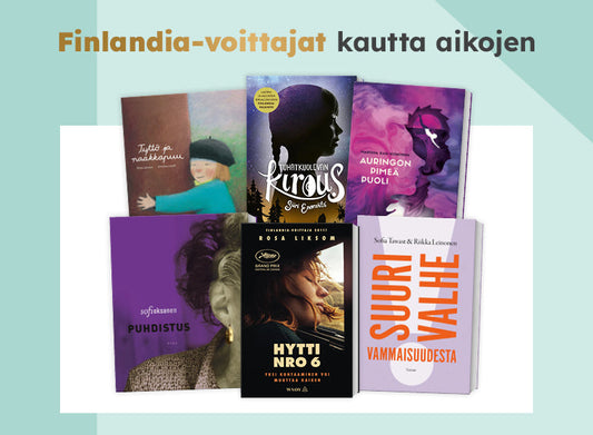 Kuvassa on useita Finlandia-palkittuja kirjoja, kuten Tyttö ja naakkapuu, Tuhatkuolevan kirous, Auringon pimeä puoli, Puhdistus, Hytti nro 6 ja Suuri valhe vammaisuudesta. Tekstinä ylhäällä "Finlandia-voittajat kautta aikojen".