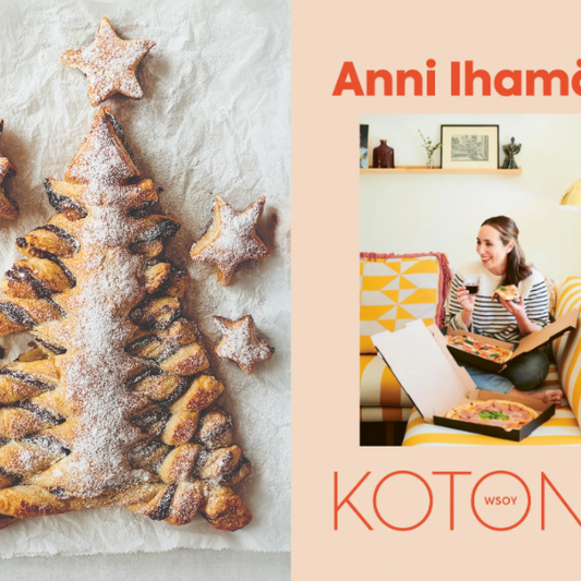 Vasemmalla joulukuusen muotoon tehty leivonnainen, jossa on voitaikinaa, suklaata ja tomusokeria. Oikealla Anni Ihamäen Kotona-kirjan kansikuva.