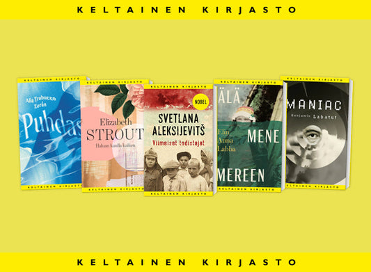 Viisi Keltaisen kirjaston kirjaa esillä keltaisella taustalla: Puhdas, Maniac, Älä mene mereen, Haluan kuulla kaiken ja Viimeiset todistajat. Kuvan alareunassa teksti ”Keltainen kirjasto”.