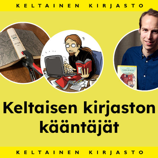 Grafiikka, jossa lukee Keltaisen kirjaston kääntäjät. Taustalla on keltainen väri ja kolme ympyräkuvaa, joissa on kirja, kuvitus kääntäjästä työssään sekä henkilö, joka pitää kirjaa kädessään. Ylä- ja alareunassa lukee Keltainen kirjasto.
