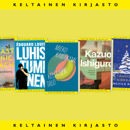 Keltaisella taustalla viisi Keltaisen kirjaston kirjaa: Sara Stridsbergin Hyvästi Panic Beach, Édouard Louis’n Luhistuminen, Mieko Kawakamin Keltainen talo, Kazuo Ishiguron Silmissä siintävät vuoret ja Ngũgĩ wa Thiong’on Tähdistä kirkkain. 