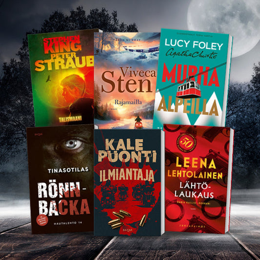 Kuusi kirjaa aseteltu kahteen riviin. Ylärivissä Stephen Kingin ja Peter Straubin Talismaani, Viveca Stenin Rajamailla sekä Lucy Foleyn ja Agatha Christien Murha Alpeilla. Alarivissä Tinasotilas, Kale Puontin Ilmiantaja ja Leena Lehtolaisen Lähtölaukaus. 
