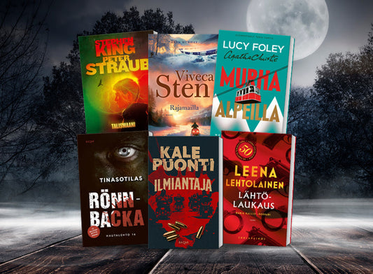 Kuusi kirjaa aseteltu kahteen riviin. Ylärivissä Stephen Kingin ja Peter Straubin Talismaani, Viveca Stenin Rajamailla sekä Lucy Foleyn ja Agatha Christien Murha Alpeilla. Alarivissä Tinasotilas, Kale Puontin Ilmiantaja ja Leena Lehtolaisen Lähtölaukaus. 