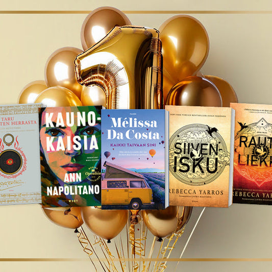 Kuva, jossa on kultaisia ilmapalloja. Edessä viisi kirjaa juhlavassa asetelmassa: 'Taru sormusten herrasta' (J.R.R. Tolkien), 'Kaunokaisia' (Ann Napolitano), 'Kaikki taivaan sini' (Mélissa Da Costa), 'Siivenisku' ja 'Rautaliekki' (Rebecca Yarros).