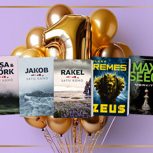 Kuva kultaisista ilmapalloista ja numero 1, jonka edessä viisi kirjaa. Mukana ovat Satu Rämön 'Rósa & Björk', 'Jakob' ja 'Rakel', Max Seeckin 'Merkitty' sekä Ilkka Remeksen 'Zeus'. Kirjat on aseteltu juhlavasti.
