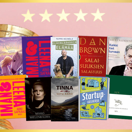 Kuvakollaasi vuoden myydyimmistä kirjoista. Kuvassa näkyy kultainen pokaali ja sen edessä useita kirjan kansia. Taustalla on vaaleanpunainen sävy ja yläreunassa viisi tähteä.