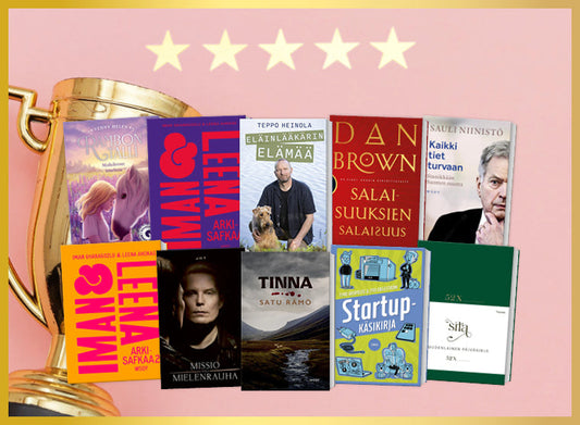 Kuvakollaasi vuoden myydyimmistä kirjoista. Kuvassa näkyy kultainen pokaali ja sen edessä useita kirjan kansia. Taustalla on vaaleanpunainen sävy ja yläreunassa viisi tähteä.
