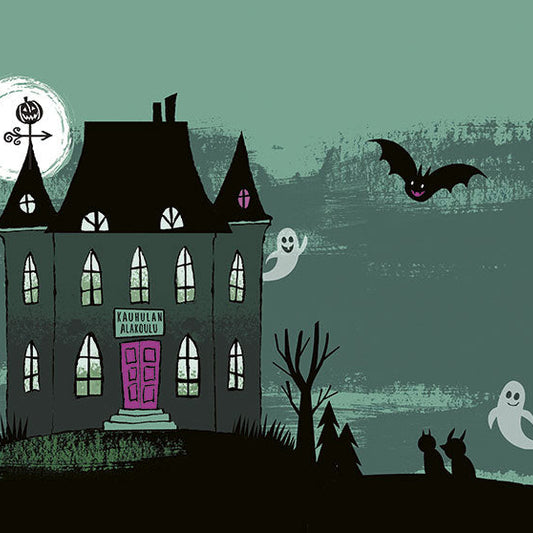 Vihreäsävyinen piirroskuva synkästä, kartanotyylisestä koulurakennuksesta, jonka ovessa lukee ”Kauhulan alakoulu”. Taivaalla leijailee iloinen kummitus ja lentää hymyilevä lepakko, ja täysikuussa näkyy kurpitsalyhtyä muistuttava tuuliviiri. Etualalla näky