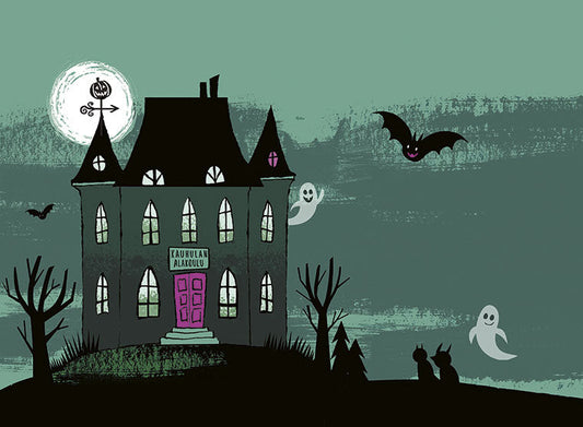 Vihreäsävyinen piirroskuva synkästä, kartanotyylisestä koulurakennuksesta, jonka ovessa lukee ”Kauhulan alakoulu”. Taivaalla leijailee iloinen kummitus ja lentää hymyilevä lepakko, ja täysikuussa näkyy kurpitsalyhtyä muistuttava tuuliviiri. Etualalla näky