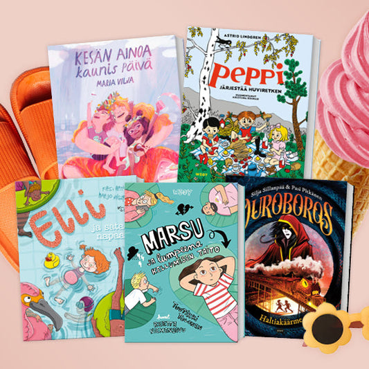 Viisi kirjaa vaaleanpunaisella taustalla. Mukana oranssit sandaalit, vaaleanpunainen pehmisjäätelö ja keltaiset aurinkolasit. Kirjat: Kesän ainoa kaunis päivä, Peppi järjestää huviretken, Elli ja sata napaa, Marsu ja lumpeena kellumisen taito & Ouroboros.