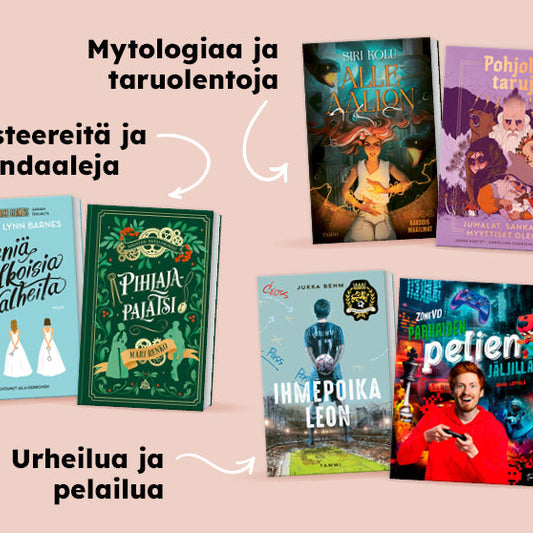 Vaaleanpunaisella pohjalla nuortenkirjoja.