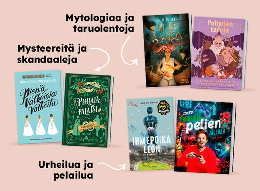Vaaleanpunaisella pohjalla nuortenkirjoja.