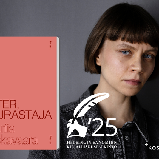 Kuva, jossa vasemmalla näkyy Mariia Niskavaaran romaanin ”Ester, teurastaja” korallinpunainen kansi. Oikealla on kirjailija Mariia Niskavaara, joka katsoo vakavasti kameraan. Alareunassa on Helsingin Sanomien kirjallisuuspalkinnon ’25 -logo sekä kustantaj