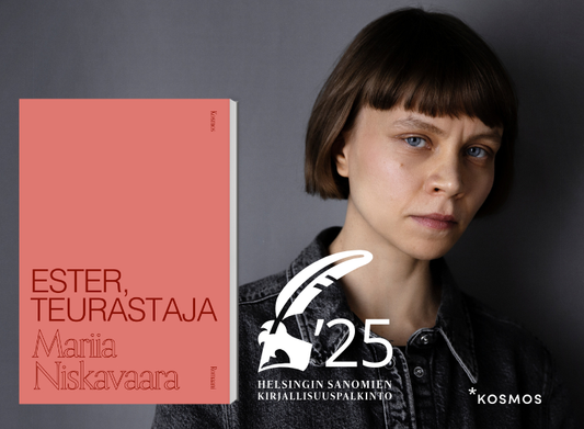 Kuva, jossa vasemmalla näkyy Mariia Niskavaaran romaanin ”Ester, teurastaja” korallinpunainen kansi. Oikealla on kirjailija Mariia Niskavaara, joka katsoo vakavasti kameraan. Alareunassa on Helsingin Sanomien kirjallisuuspalkinnon ’25 -logo sekä kustantaj