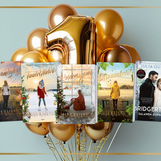 Viisi pokkarikirjaa aseteltuna kultaisten ilmapallojen eteen, joista yksi on iso numero 1 -foliopallo. Kirjat ovat Maija Kajannon Sahramisyksy, Taatelitalvi, Kardemummakesä ja Sitruunakevät sekä Julia Quinnin Bridgerton: Salainen sopimus.