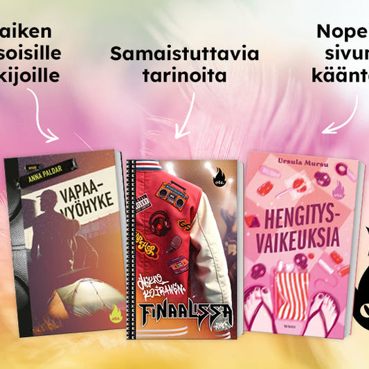Kuvassa ovat Ote-sarjan nuortenkirjat Anna Paldarin Vapaavyöhyke, Mikko Kalajoen Finaalissa ja Ursula Mursun Hengitysvaikeuksia. Kuvassa lukee ”Kaiken tasoisille lukijoille”, ”Samaistuttavia tarinoita” ja ”Nopeita sivunkääntöjä”. Alareunassa on Ote-sarjan