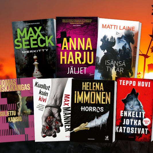 Kuvassa on kotimaisten dekkarien kansia auringonlaskun sävyisessä taustassa. Esillä ovat muun muassa Max Seeckin, Anna Harjun, Matti Laineen, Tuomas Niskakankaan, Max Mannerin, Helena Immosen ja Teppo Hovin kirjoja.