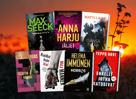Kuvassa on kotimaisten dekkarien kansia auringonlaskun sävyisessä taustassa. Esillä ovat muun muassa Max Seeckin, Anna Harjun, Matti Laineen, Tuomas Niskakankaan, Max Mannerin, Helena Immosen ja Teppo Hovin kirjoja.