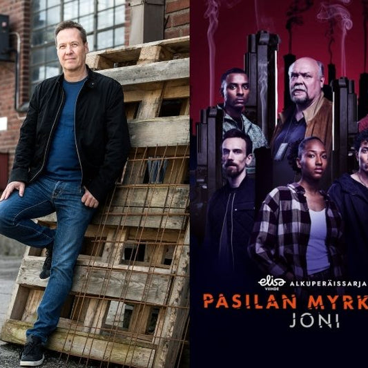 Kaksiosainen kuva. Vasemmalla kirjailija Kale Puonti seisoo ulkona tiilirakennuksen edessä ja nojaa kuormalavoja vasten. Oikealla näkyy Elisa Viihteen alkuperäissarjan Pasilan myrkky 2 juliste, jossa on useita hahmoja synkkää kaupunkitaustaa vasten.