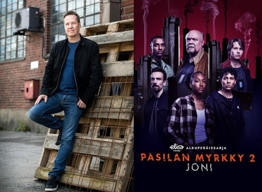 Kaksiosainen kuva. Vasemmalla kirjailija Kale Puonti seisoo ulkona tiilirakennuksen edessä ja nojaa kuormalavoja vasten. Oikealla näkyy Elisa Viihteen alkuperäissarjan Pasilan myrkky 2 juliste, jossa on useita hahmoja synkkää kaupunkitaustaa vasten.
