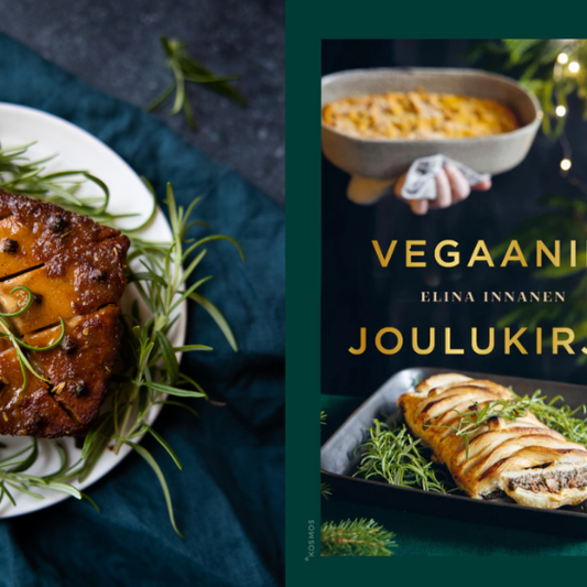Vasemmalla kuva glaseeratusta tofukinkusta. Oikealla Elina Innasen Vegaanin joulukirjan kansikuva.