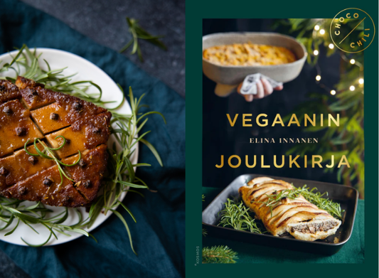 Vasemmalla kuva glaseeratusta tofukinkusta. Oikealla Elina Innasen Vegaanin joulukirjan kansikuva.
