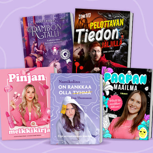Tubettajien kirjat yhteiskuvassa (Rambon talli, ZoneVD, Pinjan meikkikirja, Namikolinx ja Paqpa)