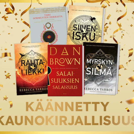 Viisi käännetyn kaunokirjallisuuden kirjaa esillä vaalealla taustalla, ympärillä kultaisia serpentiinejä. Kuvassa teksti ”Käännetty kaunokirjallisuus”.