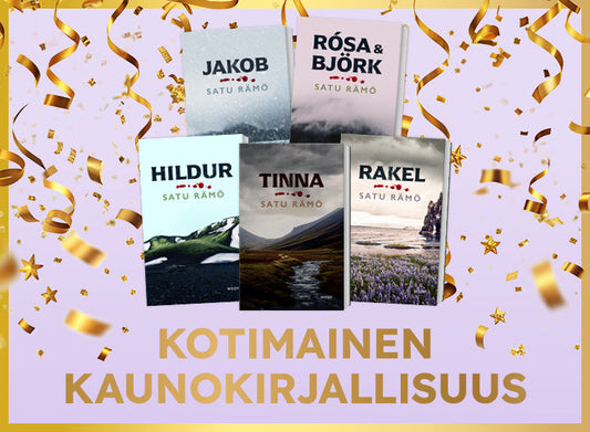 Viisi kotimaisen kaunokirjallisuuden kirjaa esillä vaalealla taustalla, ympärillä kultaisia serpentiinejä. Kuvassa teksti ”Kotimainen kaunokirjallisuus”.