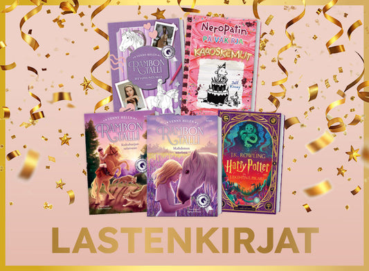 Viisi lastenkirjaa esillä vaaleanpunaisella taustalla, ympärillä kultaisia serpentiinejä. Kuvan alareunassa teksti ”Lastenkirjat”.