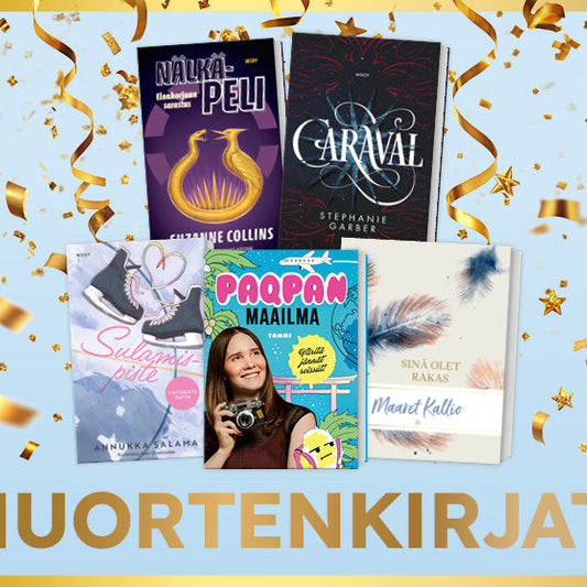 Viisi nuortenkirjaa esillä vaaleansinisellä taustalla, ympärillä kultaisia serpentiinejä. Kuvan alareunassa teksti ”Nuortenkirjat”.