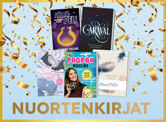 Viisi nuortenkirjaa esillä vaaleansinisellä taustalla, ympärillä kultaisia serpentiinejä. Kuvan alareunassa teksti ”Nuortenkirjat”.