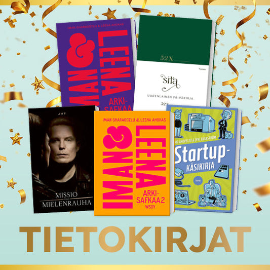 Viisi tietokirjaa esillä vaalealla taustalla, ympärillä kultaisia serpentiinejä. Kuvan alareunassa teksti ”Tietokirjat”.