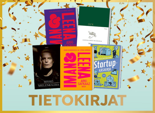 Viisi tietokirjaa esillä vaalealla taustalla, ympärillä kultaisia serpentiinejä. Kuvan alareunassa teksti ”Tietokirjat”.