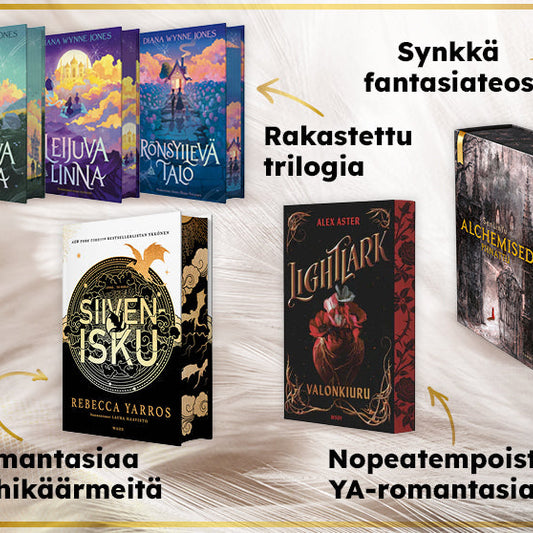 Kollaasi fantasiakirjoista: Diana Wynne Jonesin Liikkuva linna, Leijuva linna ja Rönsyilevä talo, Rebecca Yarrosin Siivenisku, Alex Asterin Lightlark – Valonkiuru sekä Alchemised-kirja.