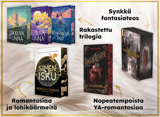 Kollaasi fantasiakirjoista: Diana Wynne Jonesin Liikkuva linna, Leijuva linna ja Rönsyilevä talo, Rebecca Yarrosin Siivenisku, Alex Asterin Lightlark – Valonkiuru sekä Alchemised-kirja.