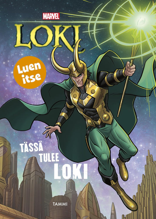 Etukansi. Marvel. Tässä tulee Loki. Luen itse.