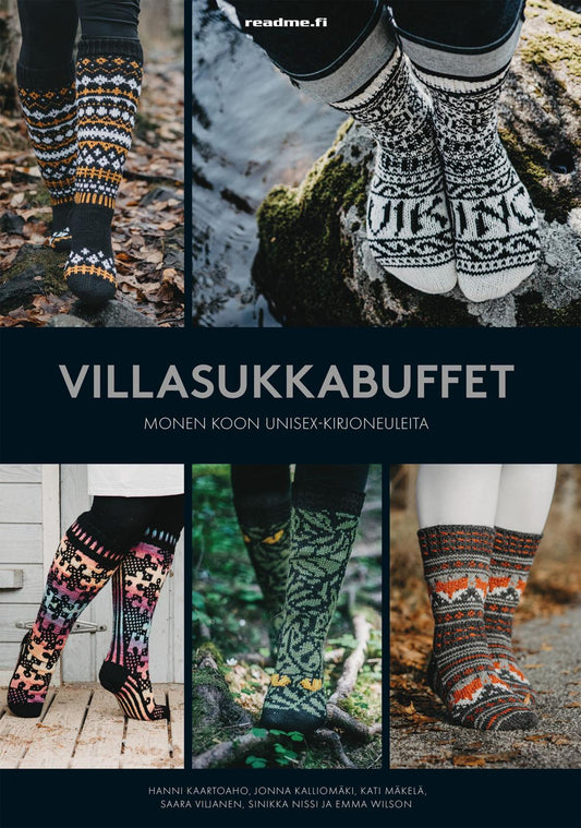 Etukansi. Hanni Kaartoaho. Jonna Kalliomäki. Kati Mäkelä. Saara Viljanen. Sinikka Nissi. Emma Wilson. Villasukkabuffet - Monen koon unisex-kirjoneuleita.
